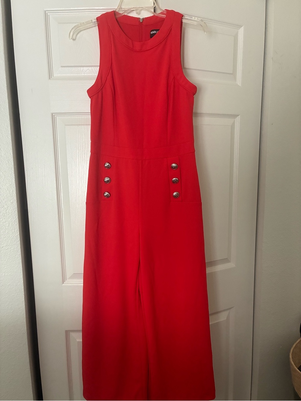 Karl Lagerfeld Red Sleeveless Wide-Leg Jumpsuit with Metallic Buttons